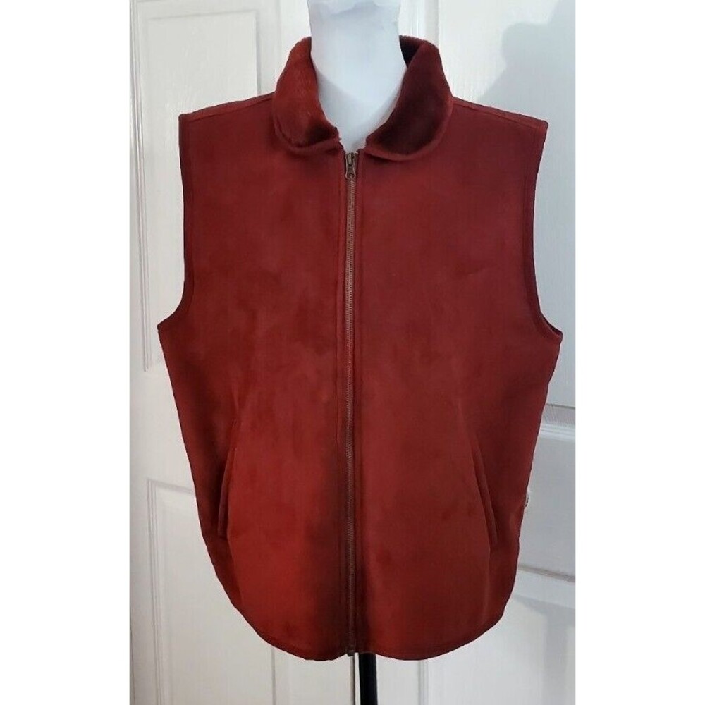 Fu Da New York Women's Size L Red Faux Fur Vest Coat Lined Sleeveless Jacket EUC